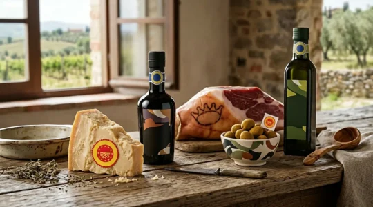 Dettaglio ravvicinato di etichette DOP e IGP con bollini dorati e rossi su prodotti italiani autentici