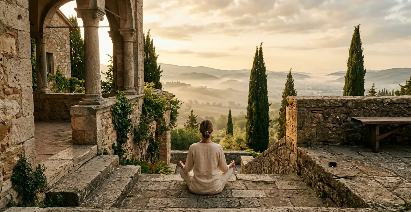 Persona in meditazione in un monastero antico con natura circostante