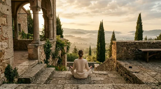 Persona in meditazione in un monastero antico con natura circostante