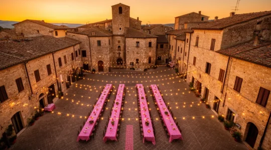Vista aerea di una piazza italiana durante una sagra tradizionale con tavoli lunghi e decorazioni festive