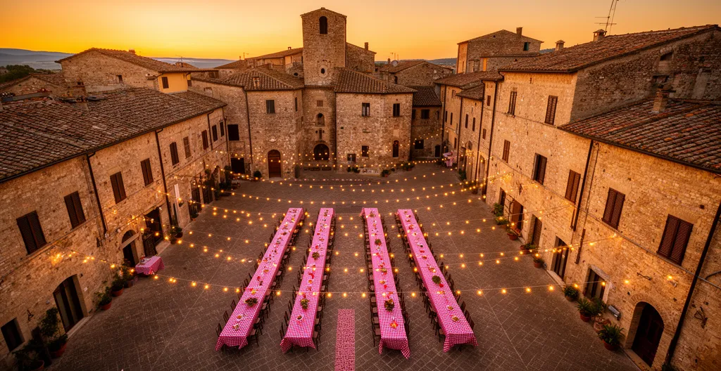 Vista aerea di una piazza italiana durante una sagra tradizionale con tavoli lunghi e decorazioni festive