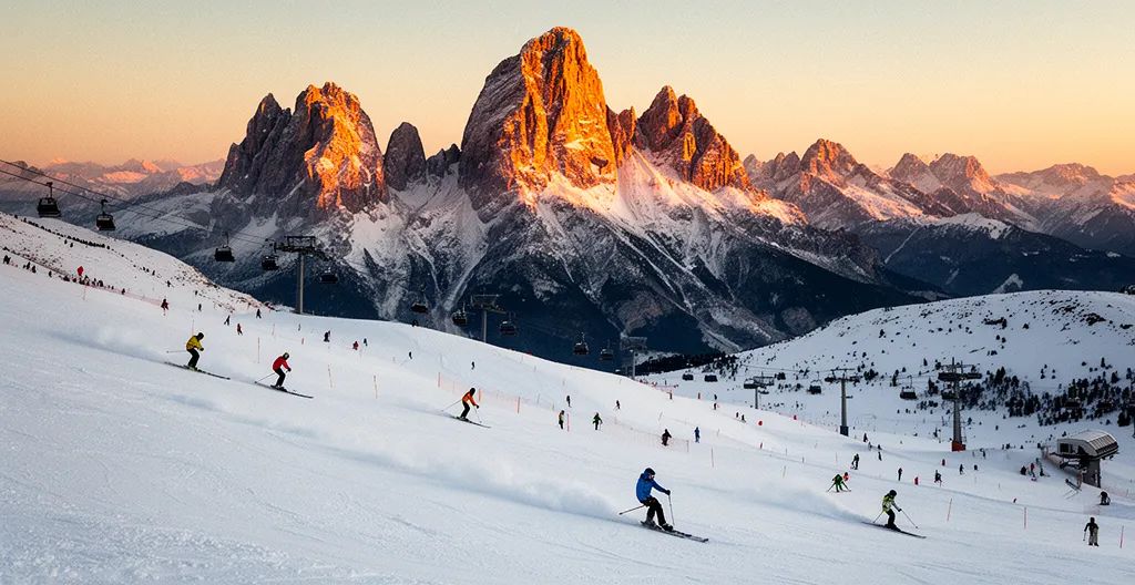 Vista panoramica delle Dolomiti del Trentino con sciatori che scendono piste innevate durante una giornata soleggiata, evidenziando l'accessibilità del comprensorio sciistico
