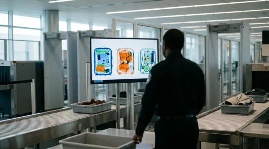 Controllo doganale di bagagli sospetti all'aeroporto con scanner a raggi X