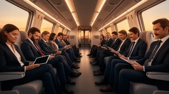 Vista interna di un treno Frecciarossa con passeggeri che consultano dispositivi mobili mostrando strategie di prenotazione