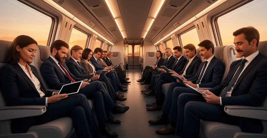 Vista interna di un treno Frecciarossa con passeggeri che consultano dispositivi mobili mostrando strategie di prenotazione