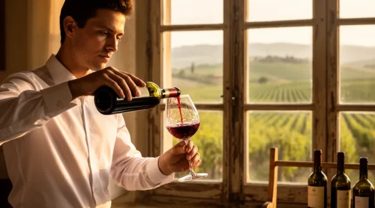 Sommelier che versa vino rosso durante un tour enogastronomico professionale