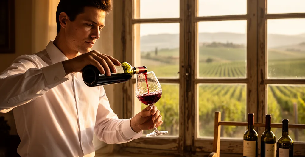 Sommelier che versa vino rosso durante un tour enogastronomico professionale
