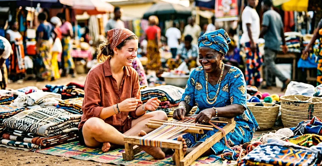 Scambio culturale autentico tra viaggiatore e artigiano locale in un mercato tradizionale africano