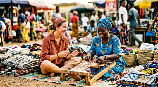 Scambio culturale autentico tra viaggiatore e artigiano locale in un mercato tradizionale africano