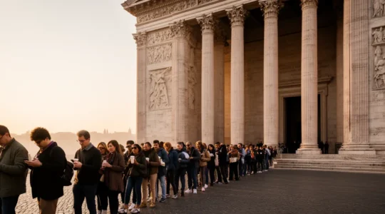 Turisti in fila davanti a un museo romano all'alba con smartphone in mano