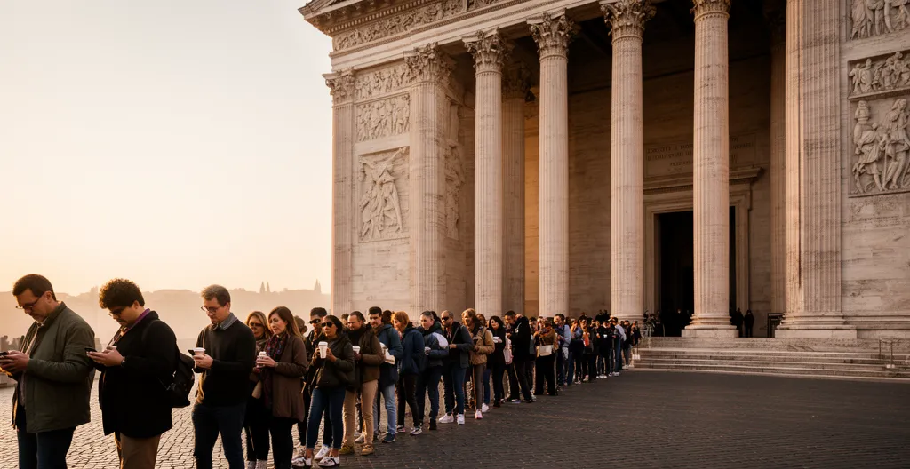 Turisti in fila davanti a un museo romano all'alba con smartphone in mano
