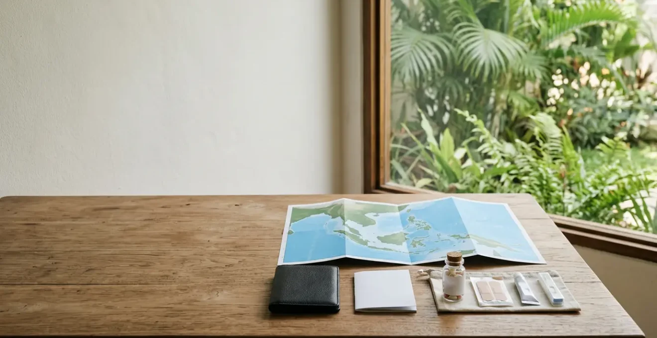 Viaggiatore che prepara documenti e kit medico per viaggio nel Sud-est asiatico