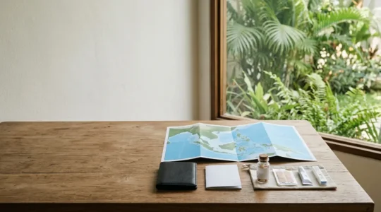Viaggiatore che prepara documenti e kit medico per viaggio nel Sud-est asiatico