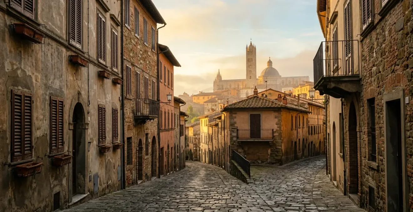 Vista panoramica di vicoli nascosti di Venezia e Firenze all'alba con pochi turisti