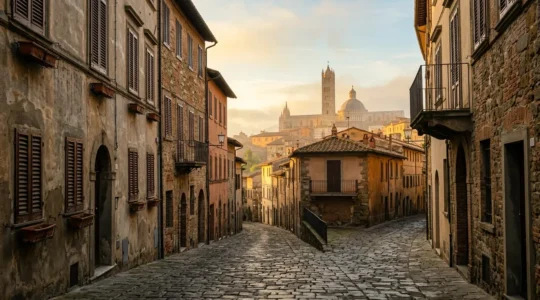Vista panoramica di vicoli nascosti di Venezia e Firenze all'alba con pochi turisti