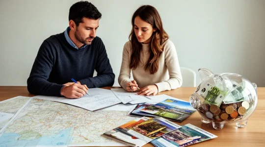 Coppia che pianifica un viaggio da sogno con mappe e salvadanaio pieno di euro