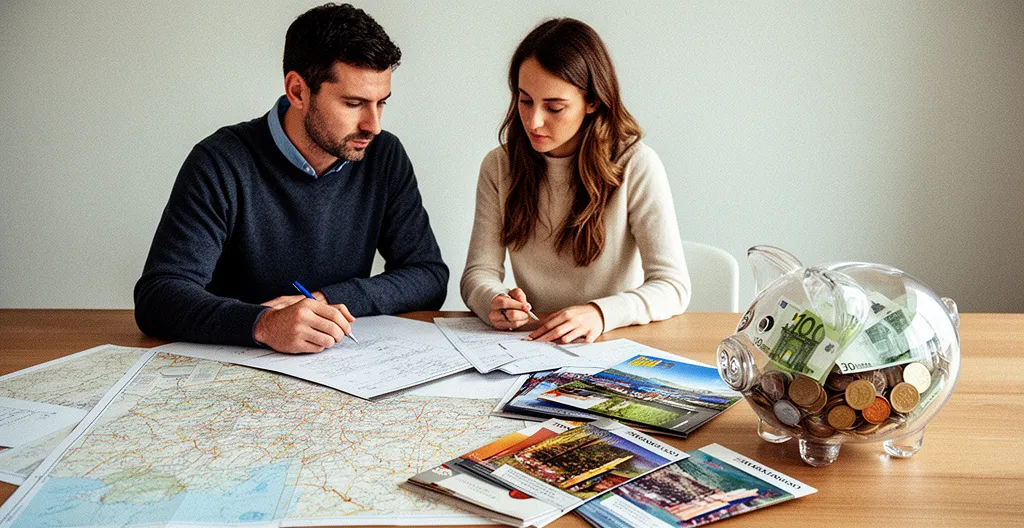 Coppia che pianifica un viaggio da sogno con mappe e salvadanaio pieno di euro