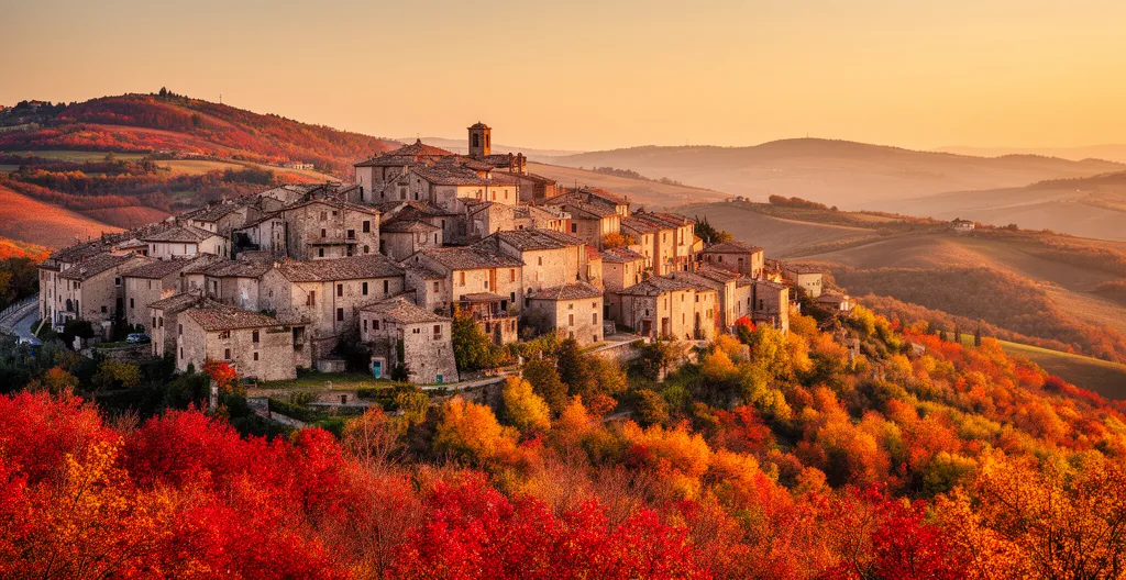 Vista panoramica di un borgo italiano con colline dorate al tramonto