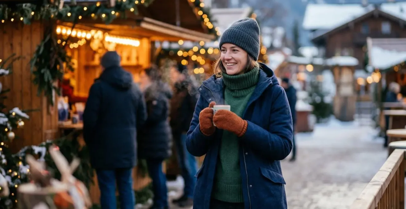 Persona vestita con abbigliamento tecnico invernale in un ambiente di mercatino natalizio alpino