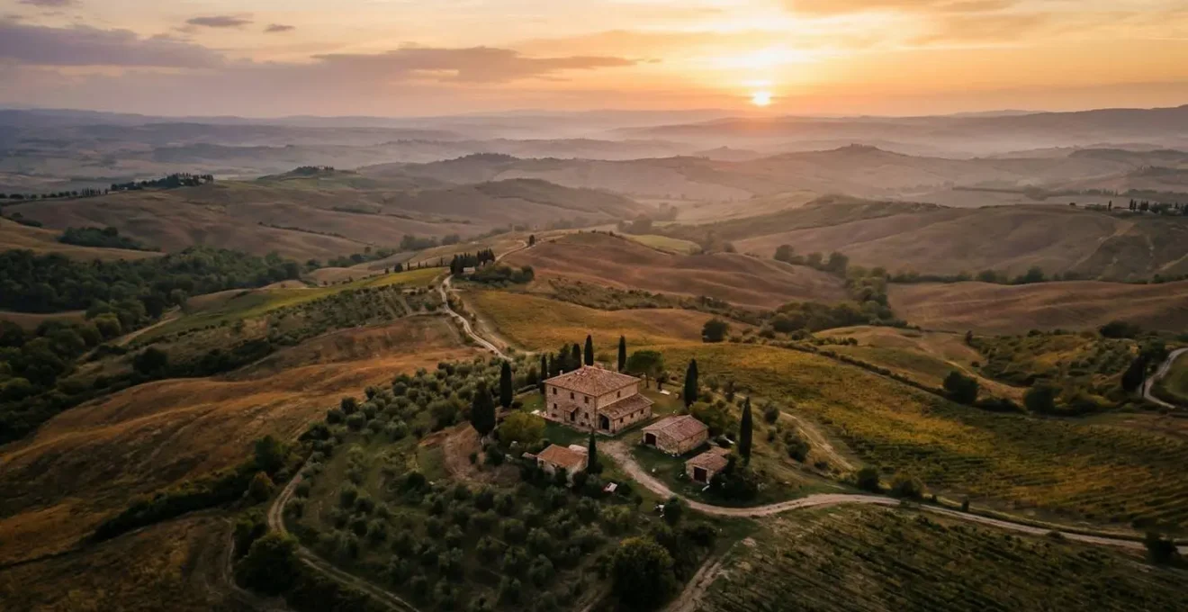 Vista aerea di agriturismo isolato tra colline toscane al tramonto