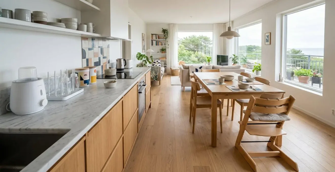 Cucina di appartamento vacanza con seggiolone e attrezzature per bebè
