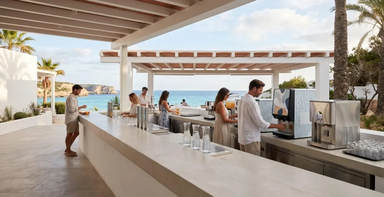 Area bar di un villaggio turistico con dispenser di bevande e ospiti che si servono