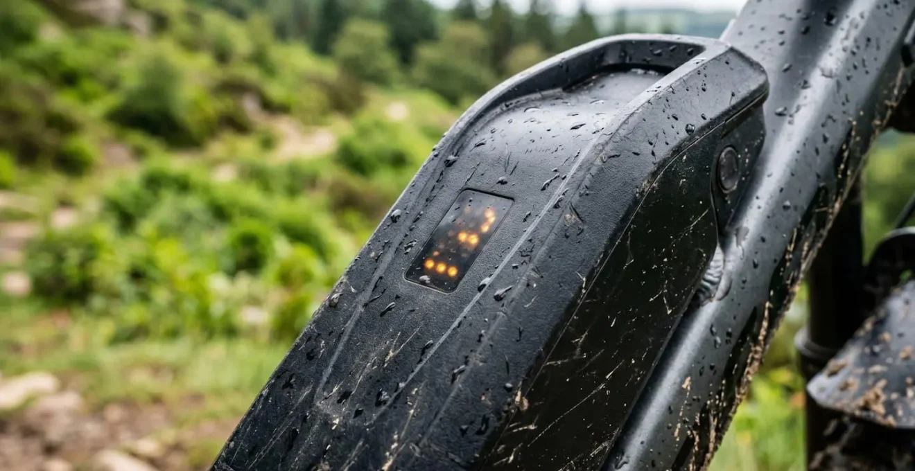 Dettaglio macro della batteria di e-bike con indicatore di carica quasi vuoto