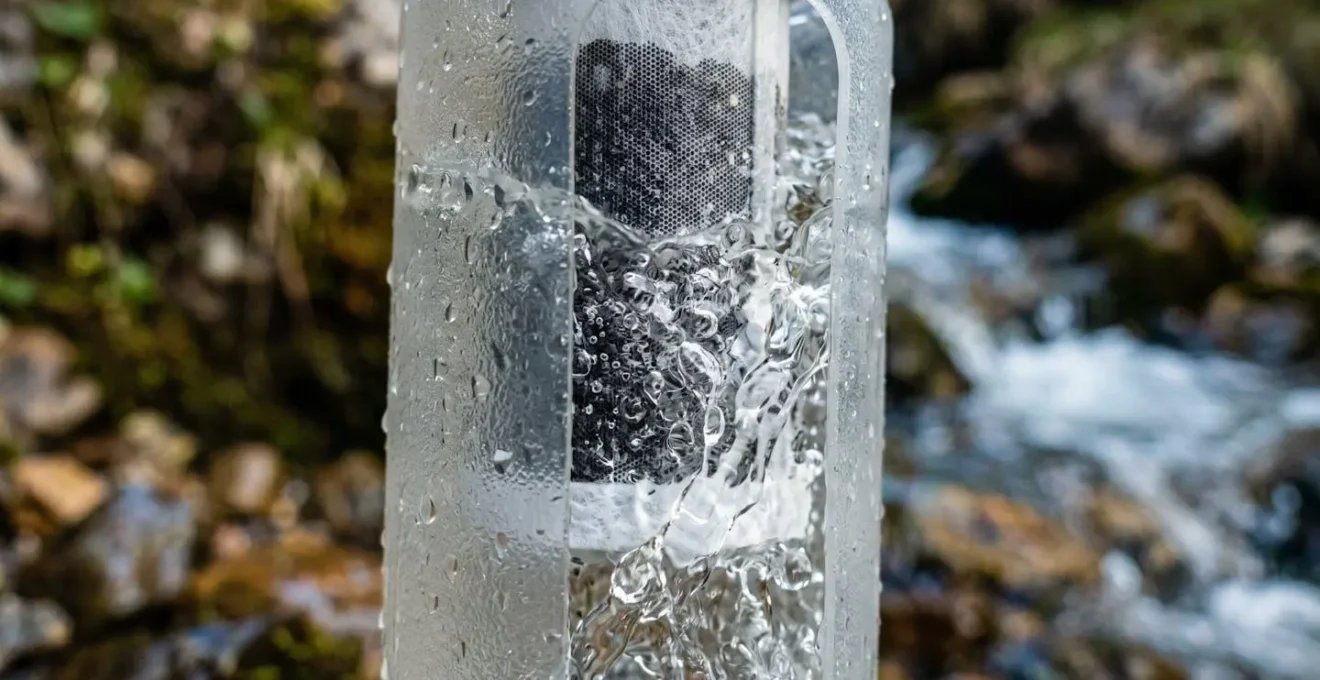 Primo piano di una borraccia filtrante riempita da una fontana naturale
