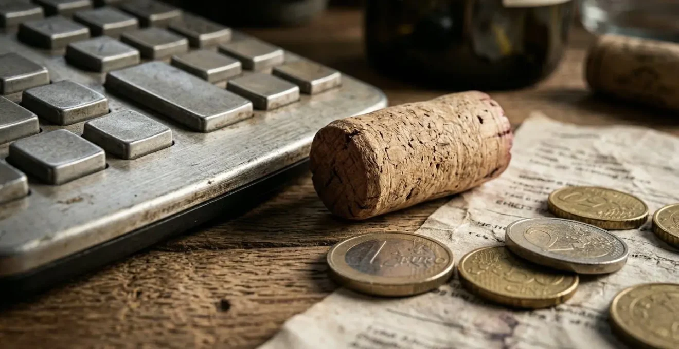Calcolatrice e ricevute per calcolo costo totale acquisto vino in cantina