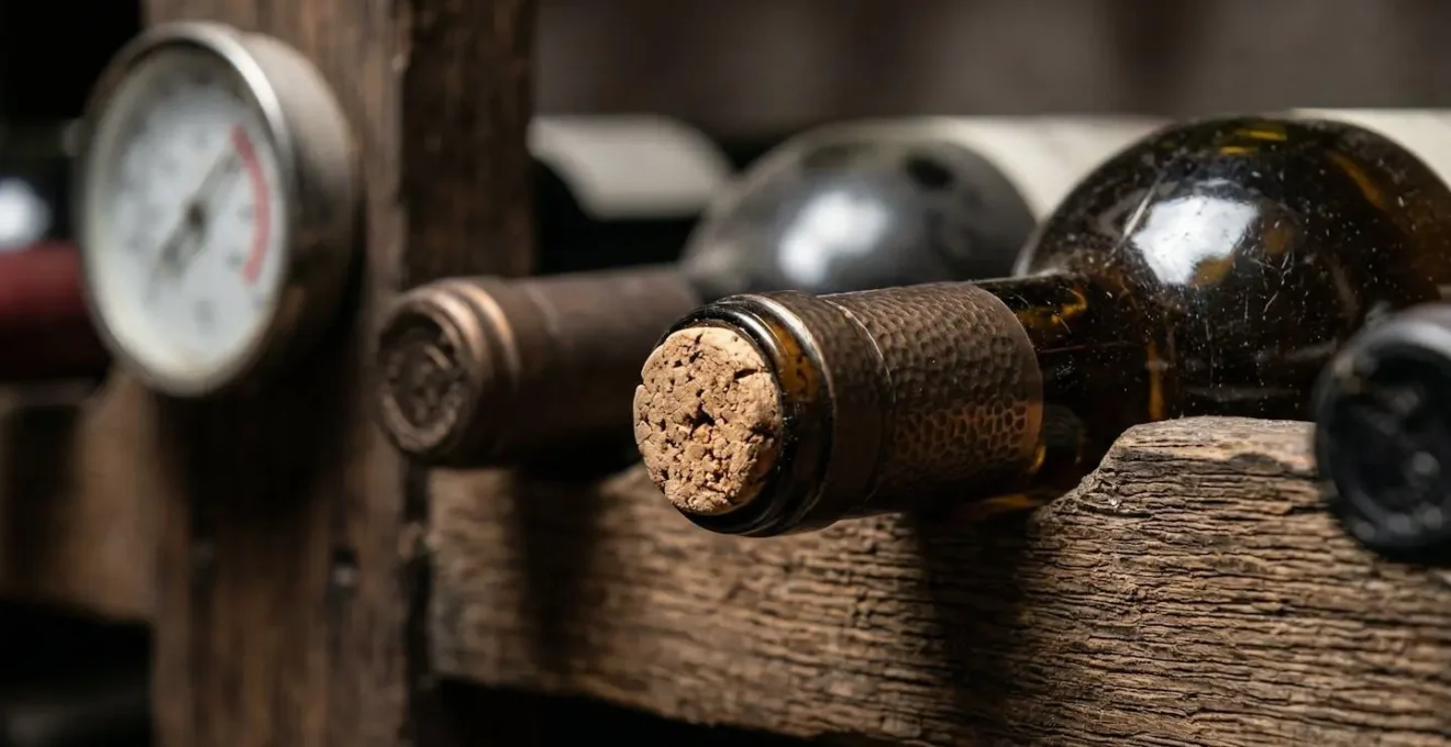 Cantina domestica ben organizzata con bottiglie di vino conservate orizzontalmente in un ambiente controllato.