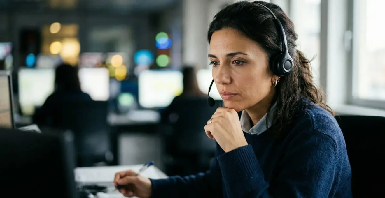 Operatrice di centrale assistenza con cuffie in ambiente professionale