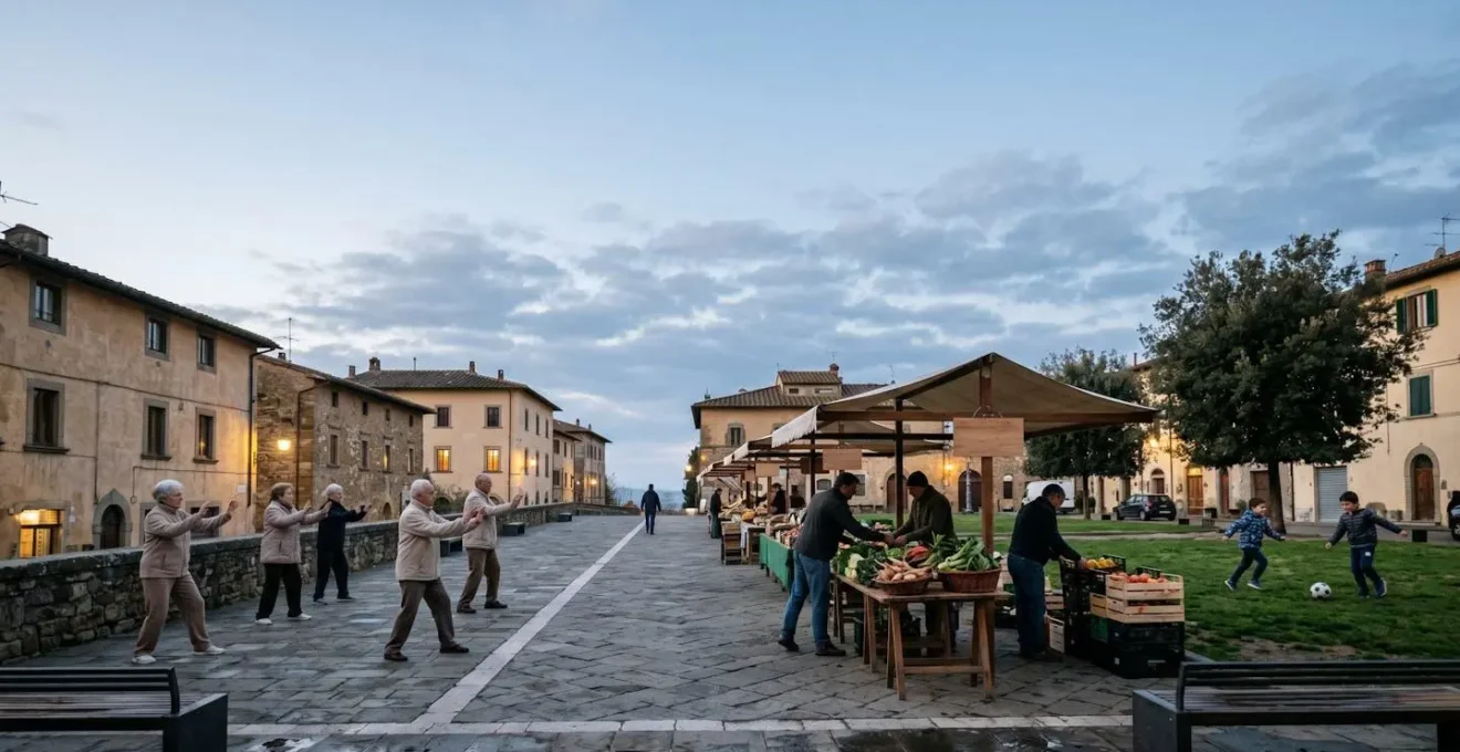 Vista ampia di una piazza comunitaria con abitanti locali in attività quotidiane