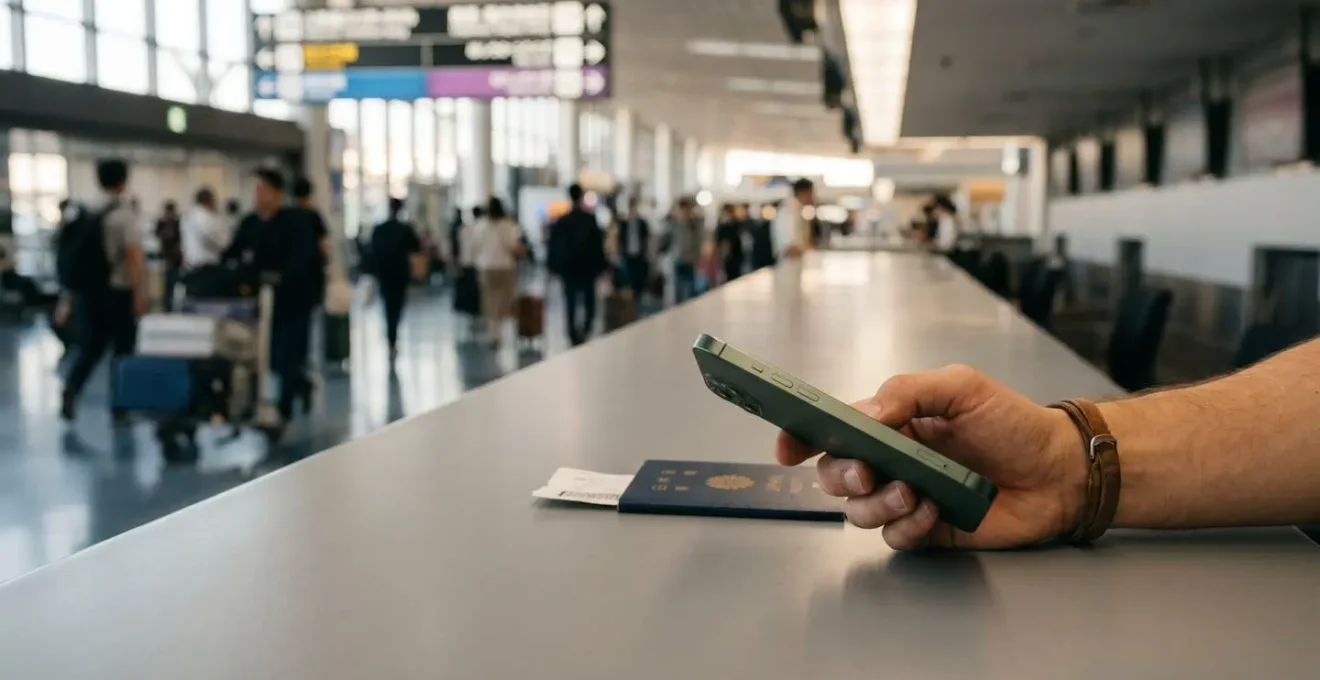 Smartphone con due SIM card in ambiente aeroportuale giapponese sfocato