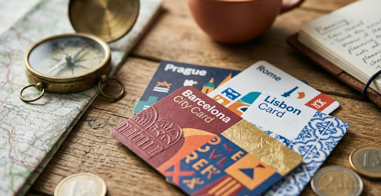 Mani che confrontano diverse city card turistiche su un tavolo con mappa e calcolatrice