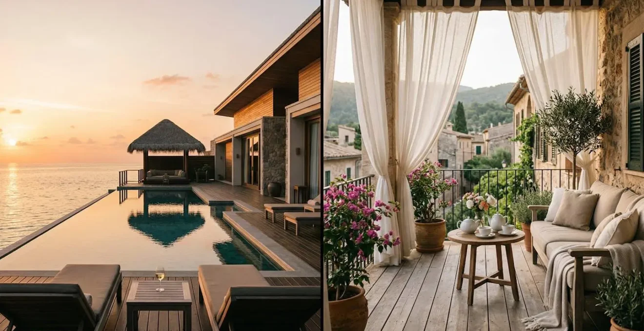 Confronto visivo tra villa privata resort e suite boutique hotel