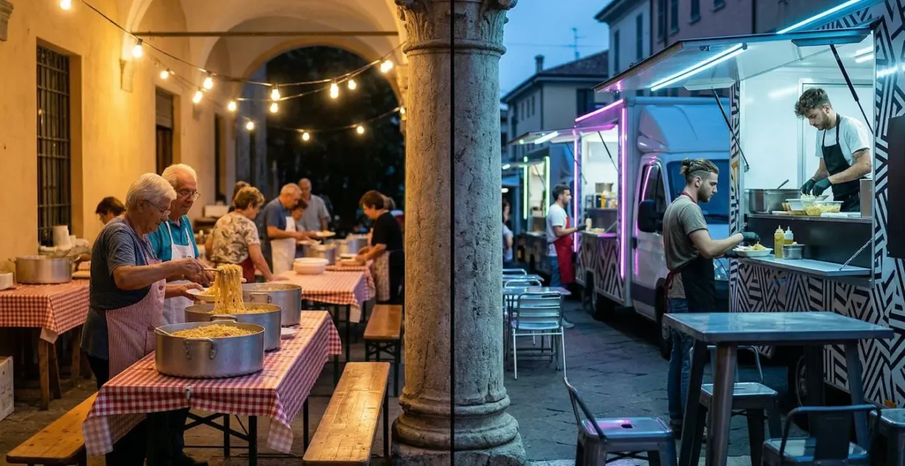 Composizione divisa che mostra una sagra paesana tradizionale e un moderno festival di street food