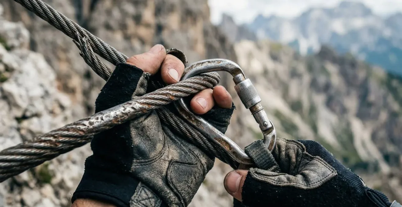 Dettaglio ravvicinato di mani su cavo metallico di via ferrata con moschettoni