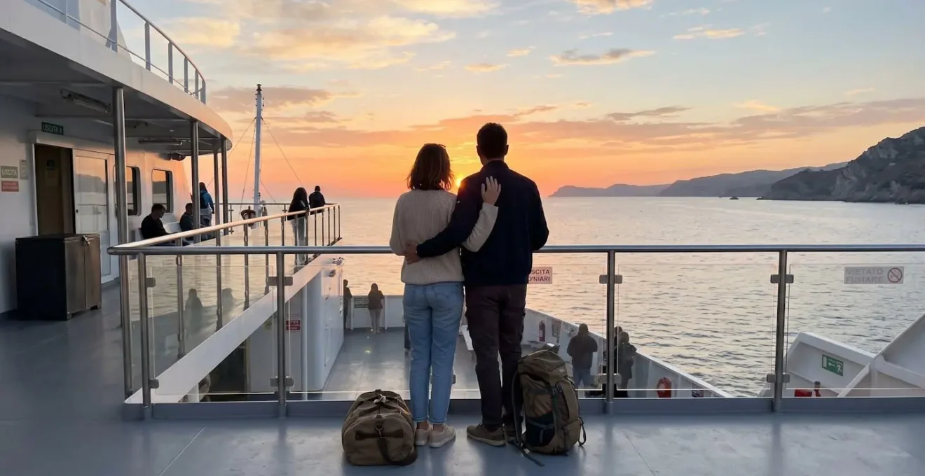 Una coppia vista di spalle osserva il mare dal ponte scoperto di un traghetto al tramonto, con bagagli ai piedi e atmosfera di partenza
