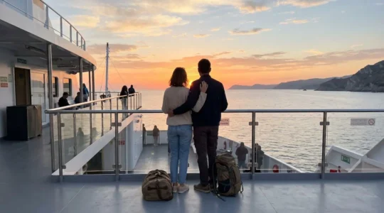 Una coppia vista di spalle osserva il mare dal ponte scoperto di un traghetto al tramonto, con bagagli ai piedi e atmosfera di partenza