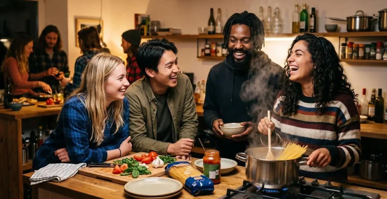 Cucina comune di ostello con viaggiatori che preparano insieme pasta italiana