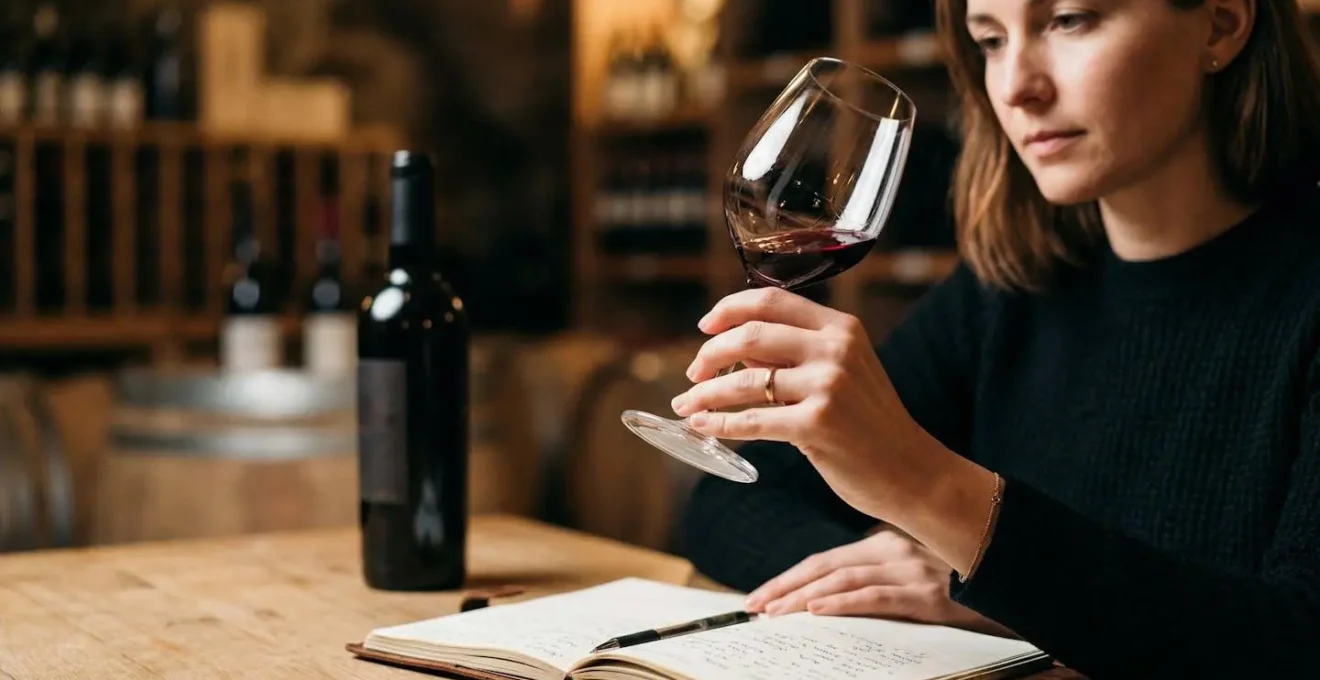 Sommelier che prende appunti durante una degustazione professionale in cantina