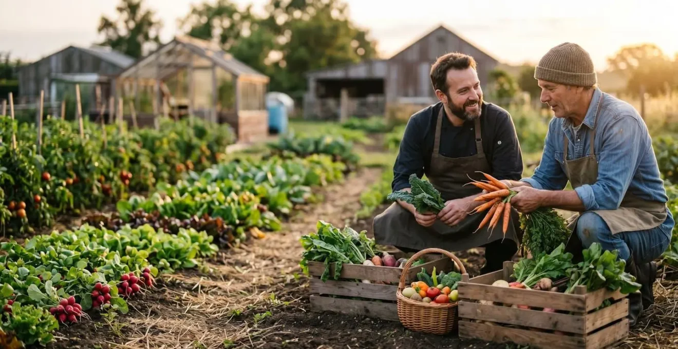Chef che esamina verdure fresche locali con contadino in un orto biologico