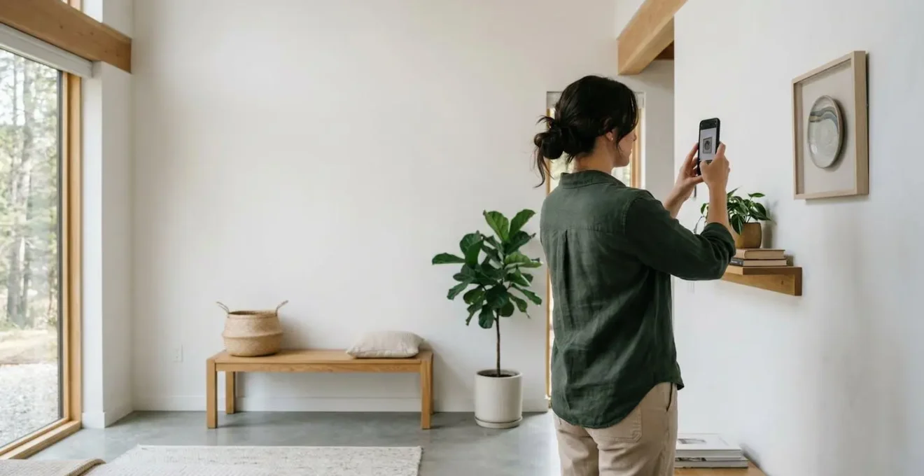 Persona che fotografa con smartphone dettagli di una stanza per documentare lo stato