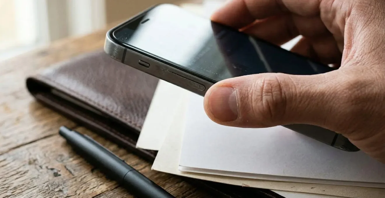 Mano che tiene smartphone mostrando app con notifica di ritardo treno, documenti organizzati su scrivania