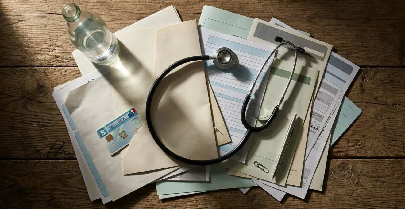 Documenti sanitari e polizze assicurative per cure termali disposti su tavolo