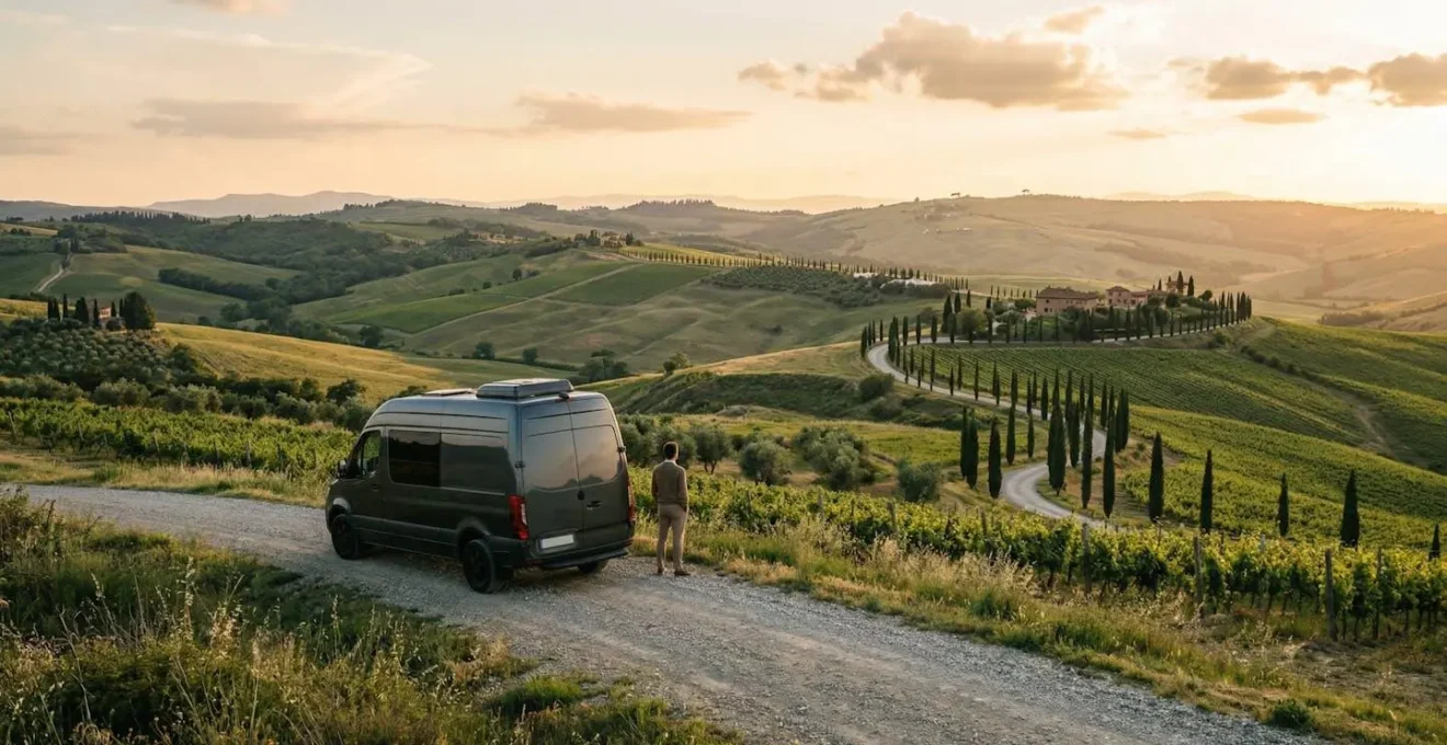 Driver professionale davanti a un van di lusso tra le colline toscane al tramonto.