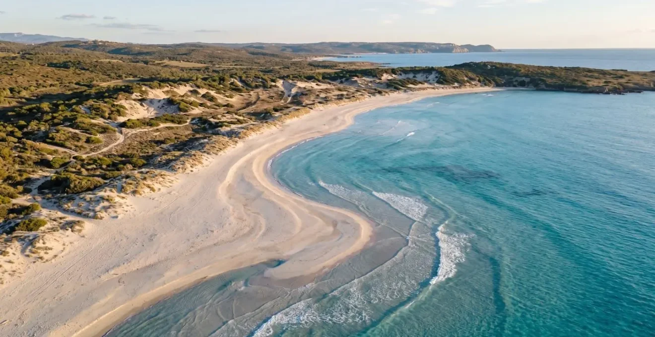 Vista aerea di una spiaggia sarda che mostra l'erosione costiera e il movimento della sabbia