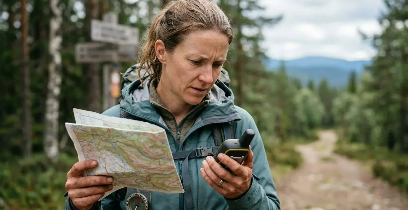 Escursionista che consulta mappa e GPS su sentiero di montagna