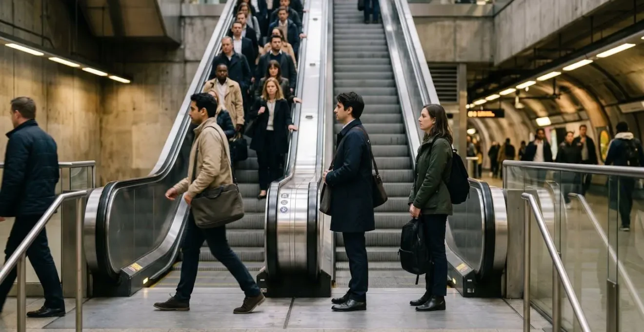 Vista laterale di persone su scala mobile della metro con corretta disposizione