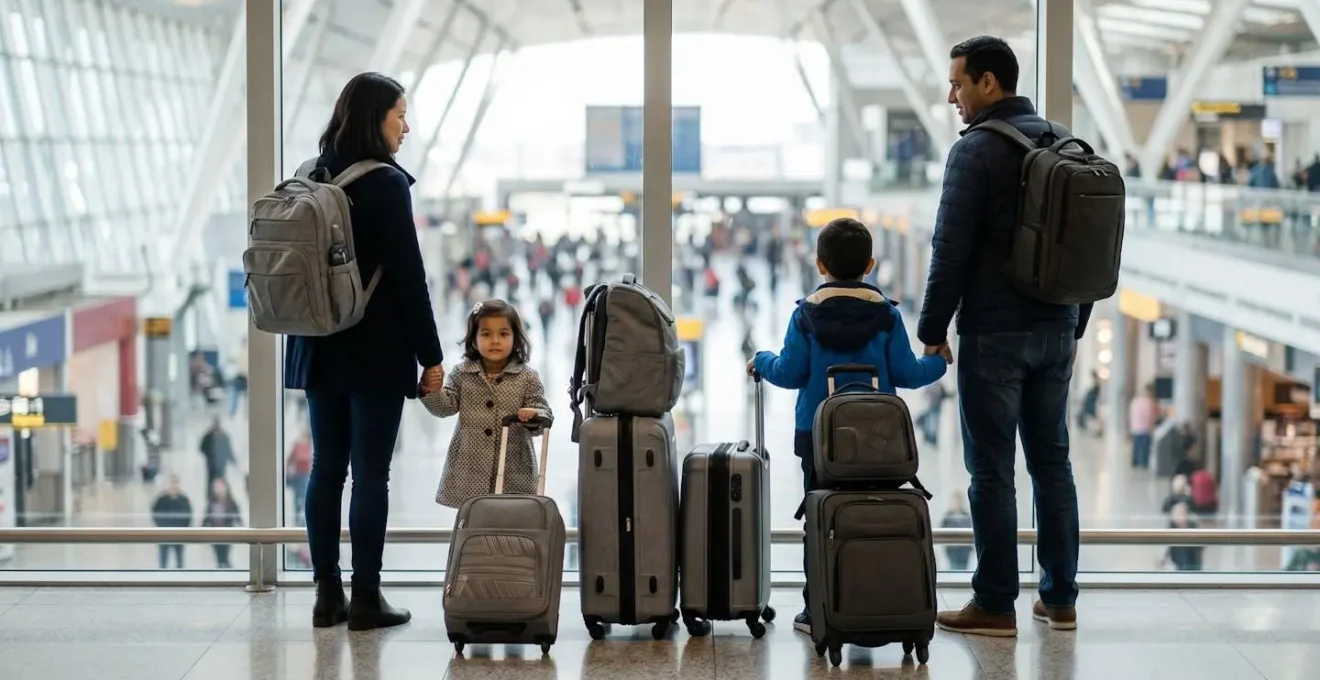 Famiglia con bambini piccoli in aeroporto con bagagli compatti e ben organizzati